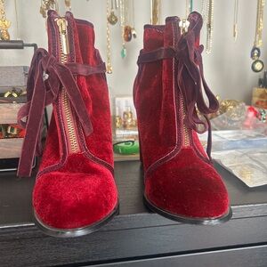 Women’s Velvet Lace-Up Ankle Boots in Wine Red